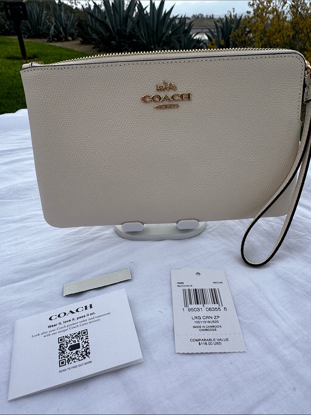 Coach Chalk Leather Large  Zip Wristlet with Gold Hardware
